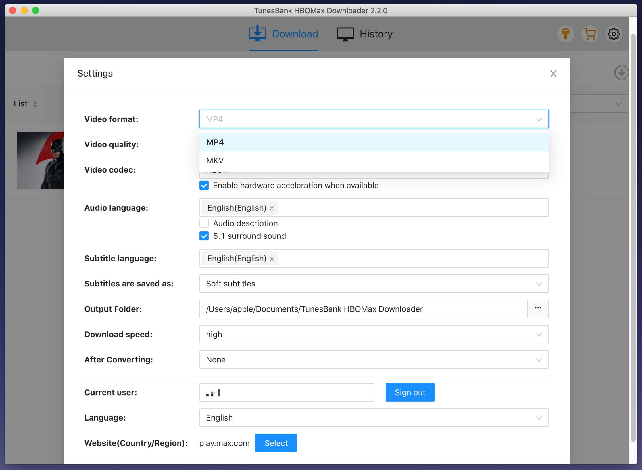 Tetapkan format video output