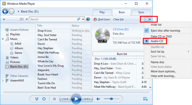 burn songs to a cd with windows media player