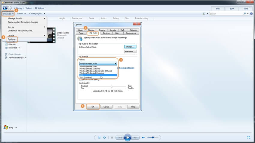 convert m4a to mp3 via windows media player