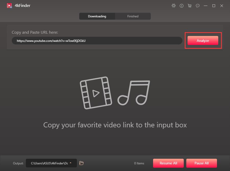 incolla il link del video musicale di YouTube su 4kfinder