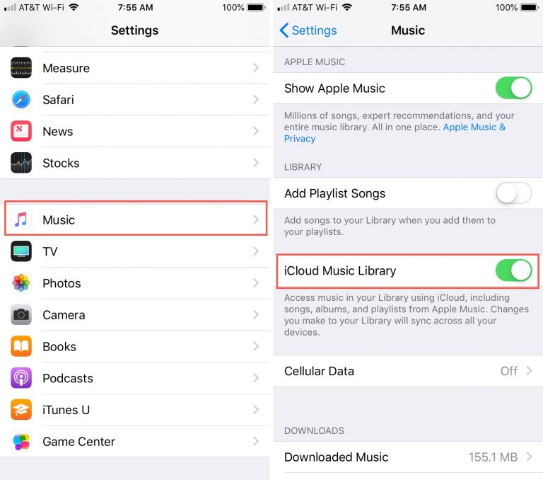 enable iCloud music library on iphone