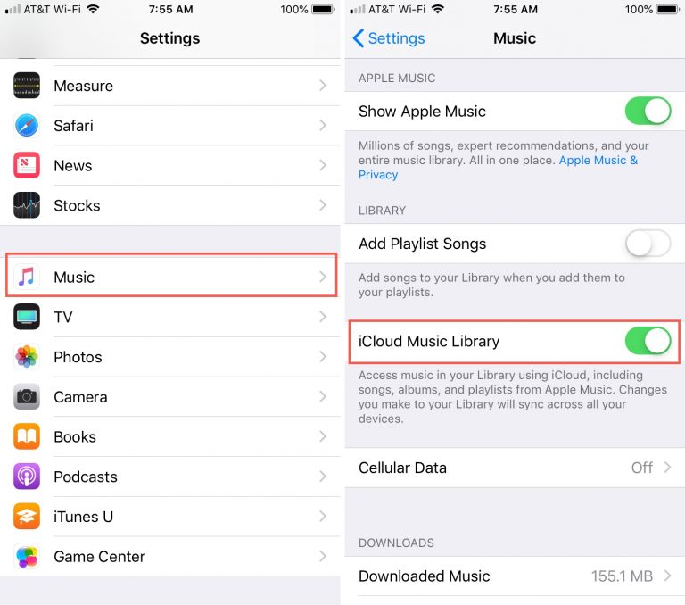 turn on icloud music library on iphone