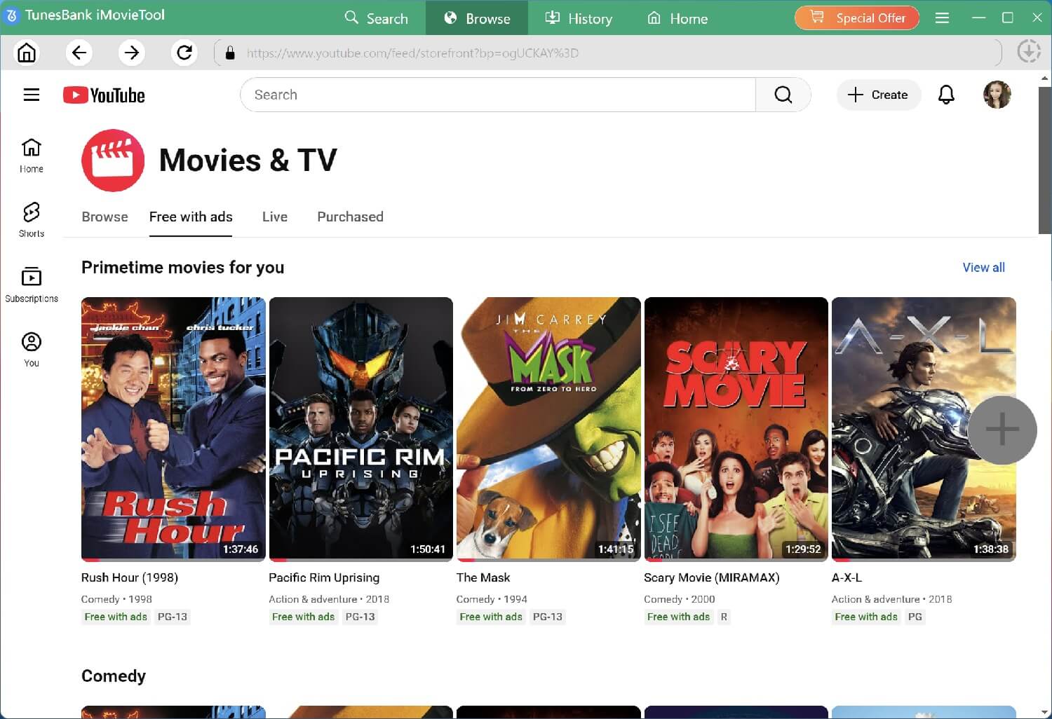 browse YouTube Movies & TV channel