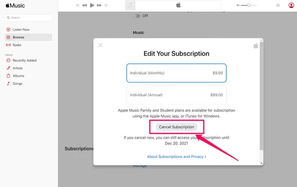 cancel apple music subscription on web