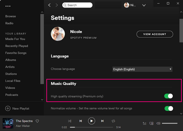 spotify high quality section