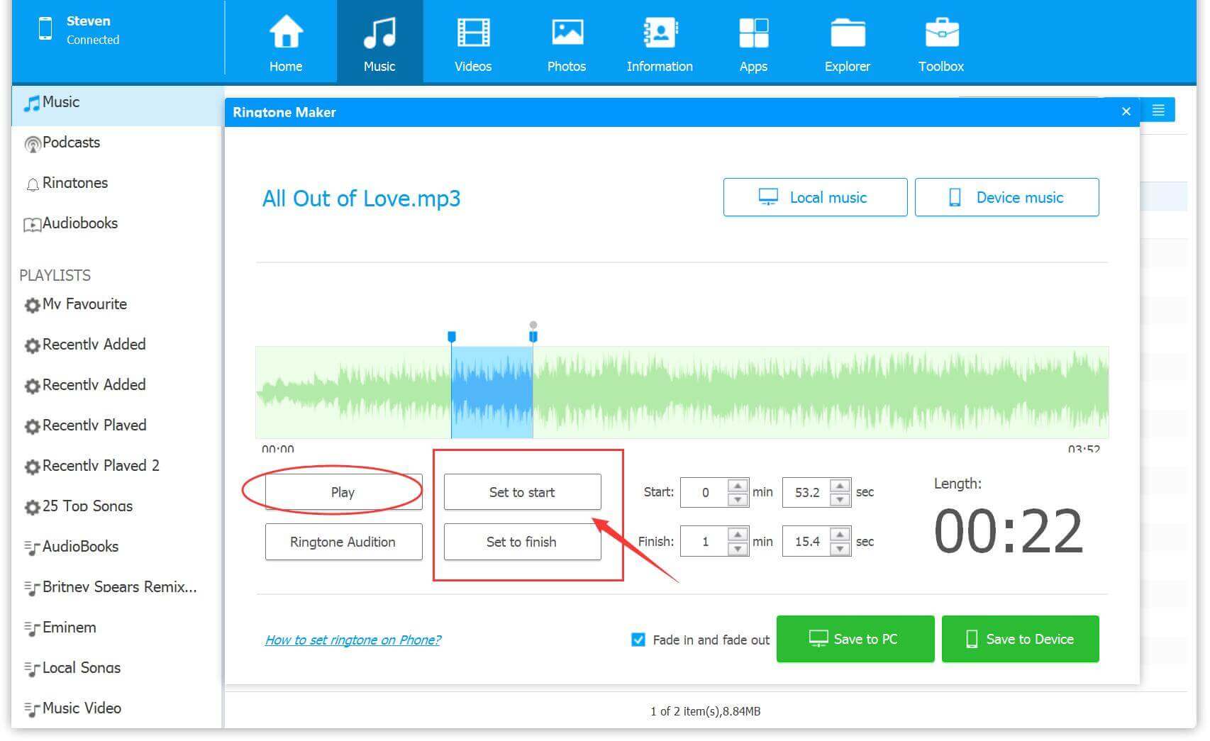 set songs ringtone