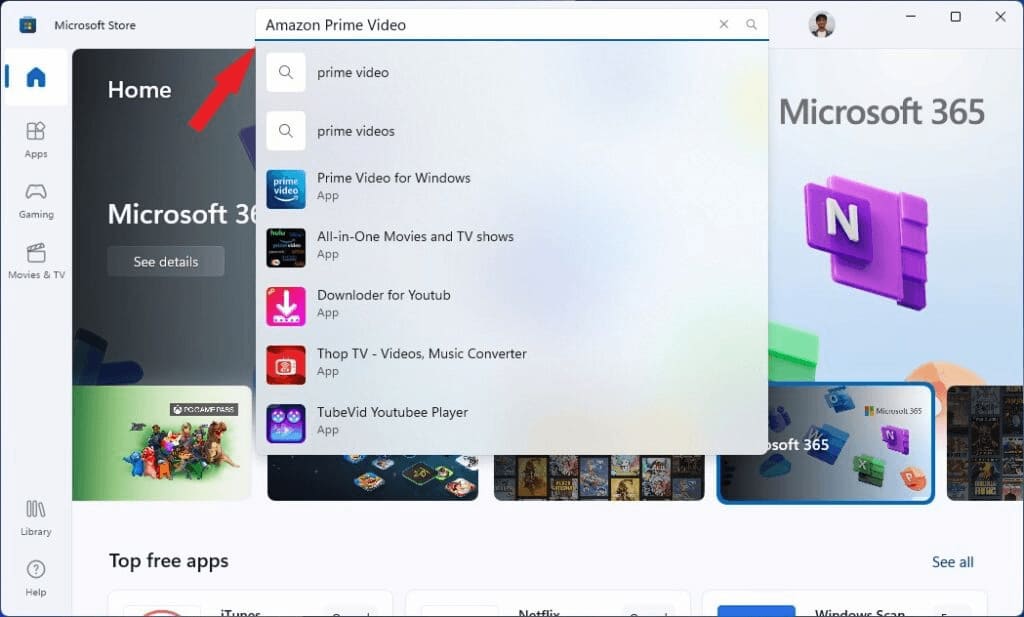 search Amazon Prime app on pc