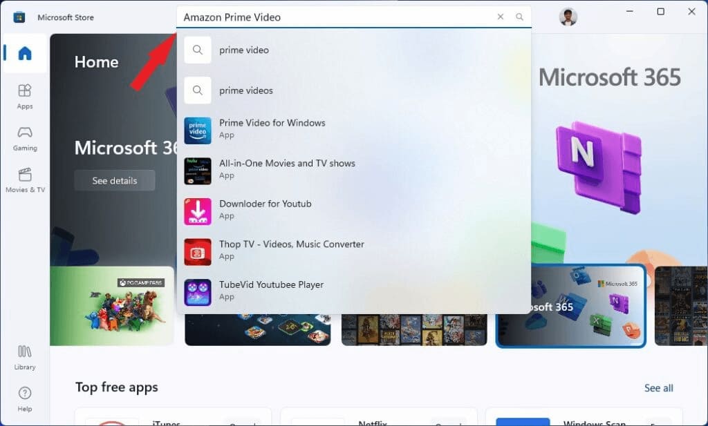 tìm kiếm ứng dụng Amazon Prime trên máy tính
