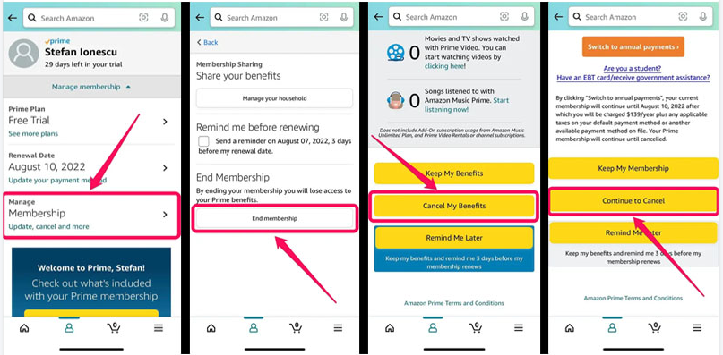cancel amazon prime on mobile