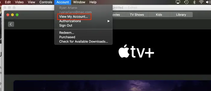 Apple TV hesabı sekmesi