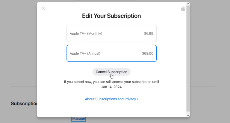 cancel subscription from apple tv website