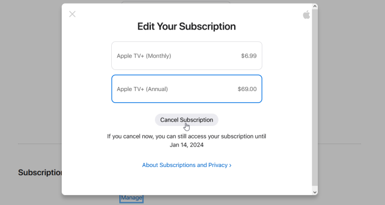 hủy đăng ký từ trang web apple tv