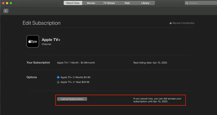cancel subscription on Apple TV app on Mac