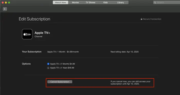 annuler l'abonnement à l'application Apple TV sur Mac