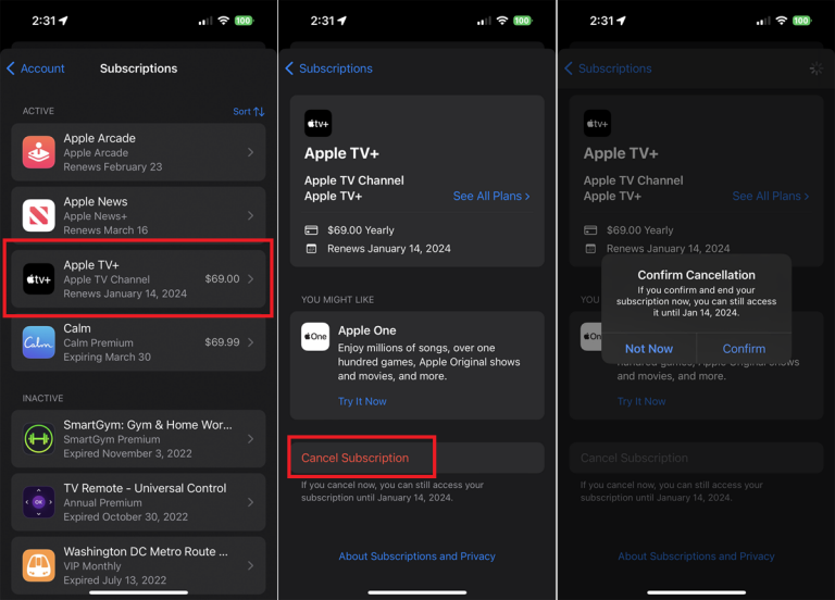 cancel subscription on Apple TV