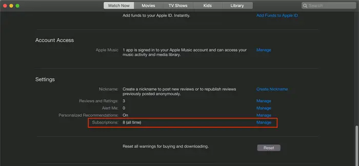 Abonnement auf Apple TV Mac verwalten