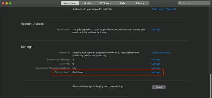 manage subscription on Apple TV Mac