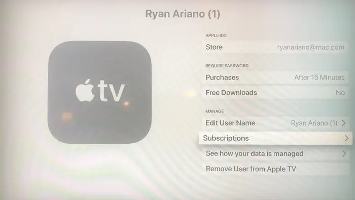 нажмите подписку на Apple TV