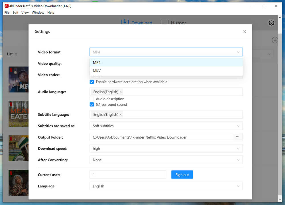 customize output settings for netflix movie