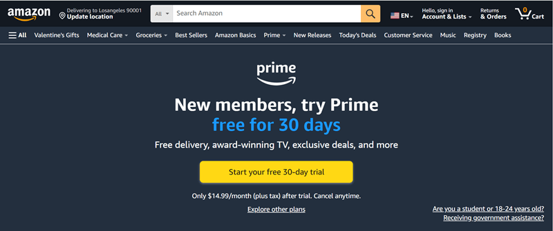 get amazon prime free trial on website