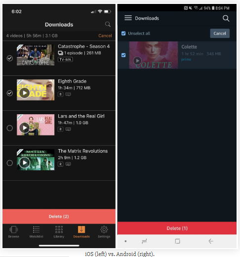 delete downloads on Amazon Video app