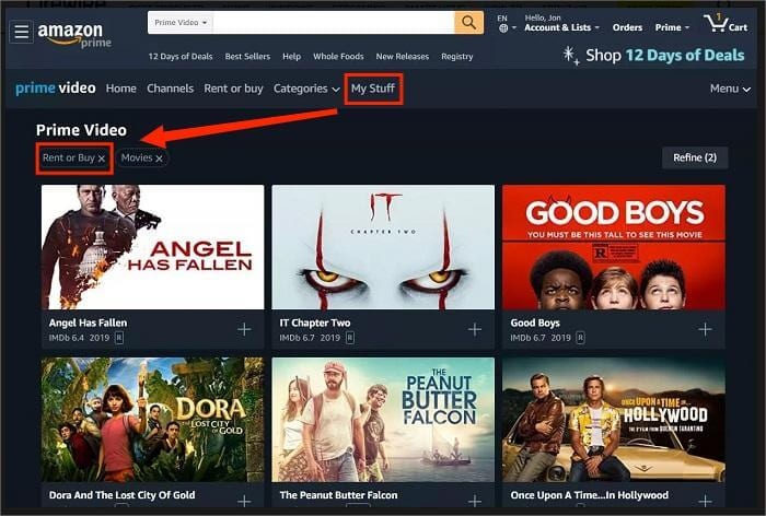 vind aankopen in de Prime Video-app