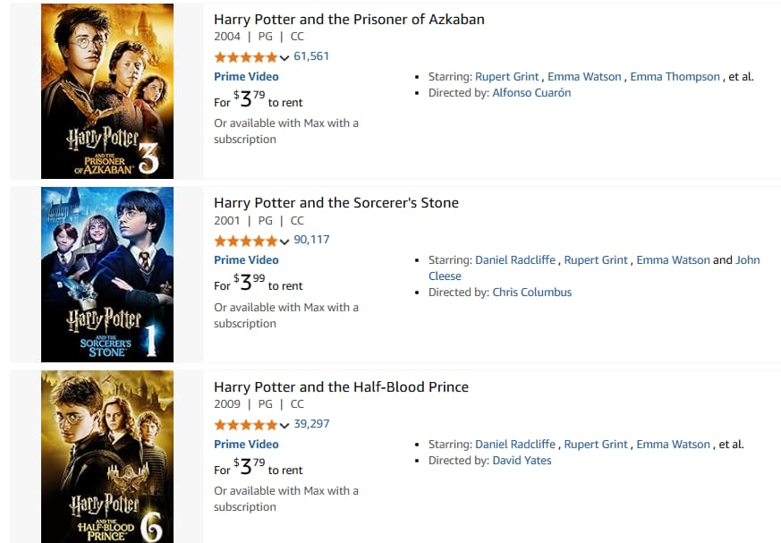 louer Harry Potter sur Amazon