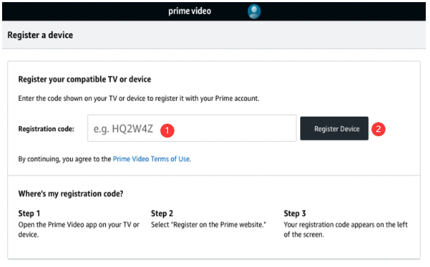 enter Amazon Prime Video registration code