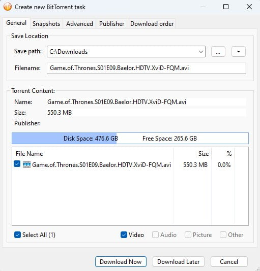 begin download Game of Thrones via torrent