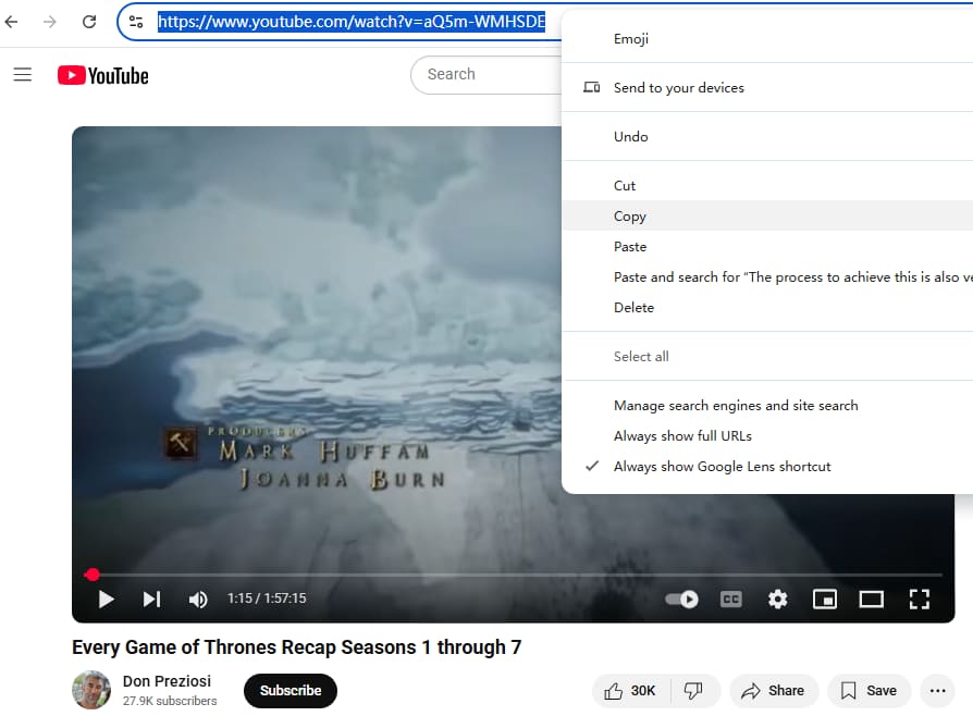 copy Game of Thrones URL on YouTube