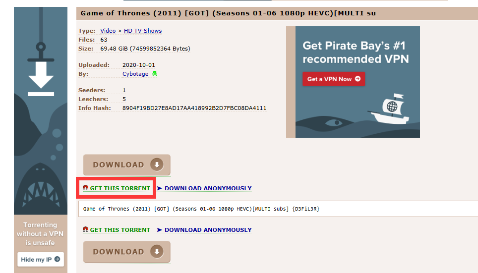 download Game of Thrones via torrent