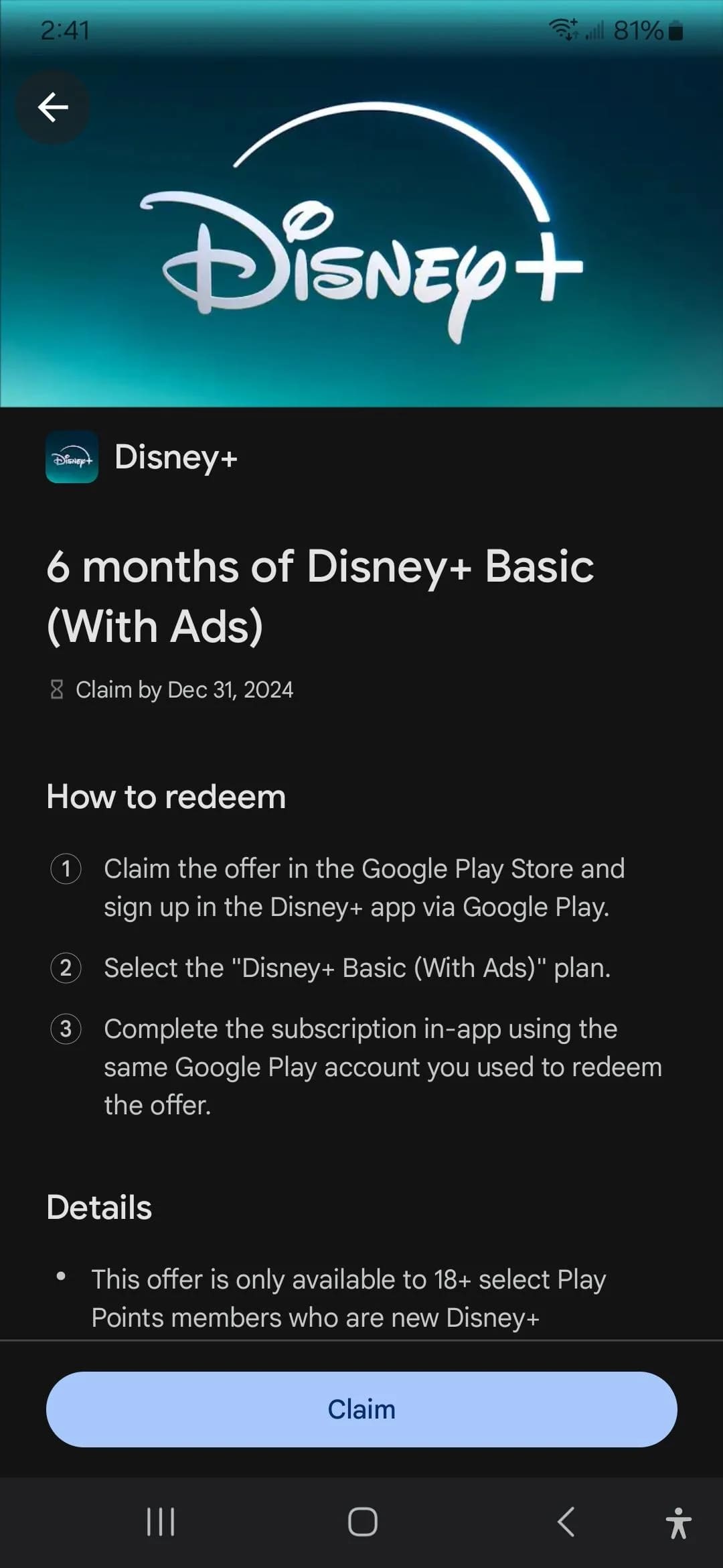 get free Disney+ from Google Play Points