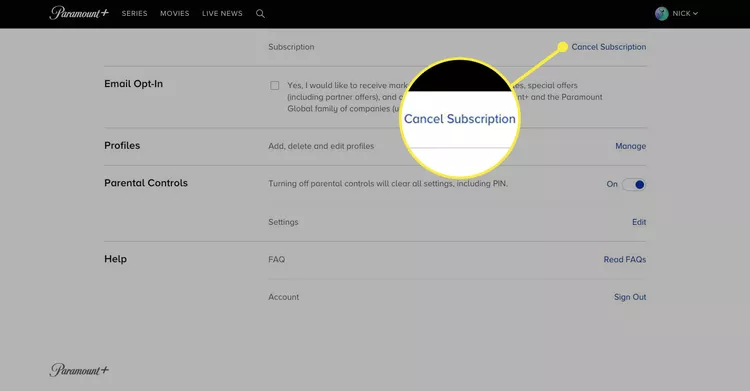 Cancel Subscription on Paramount+