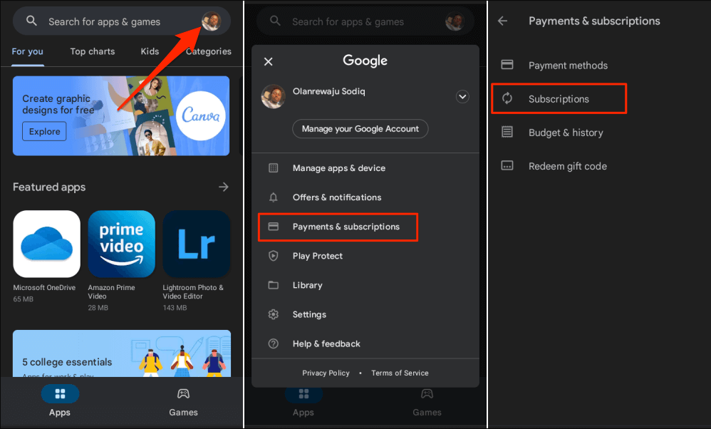 cancel Paramount+ on Google Play Store