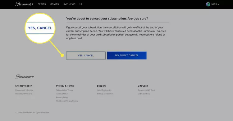 confirm cancel Paramount+