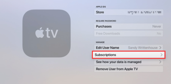 subscription on Apple TV settings