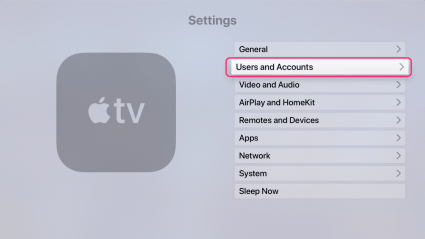 user account on Apple TV settings