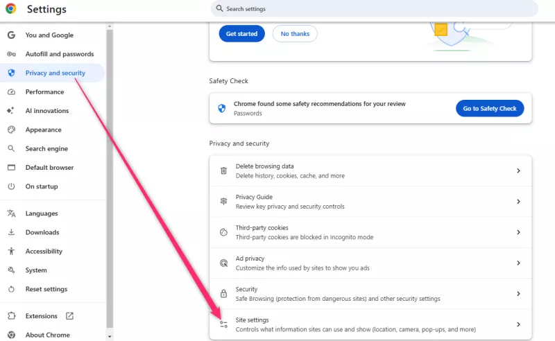 Chrome site settings