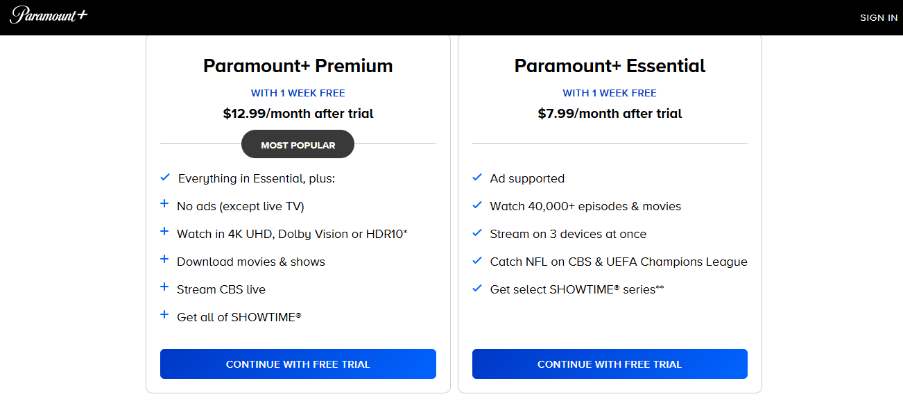 select a Paramount Plus plan
