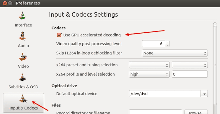 VLC Input Codecs settings