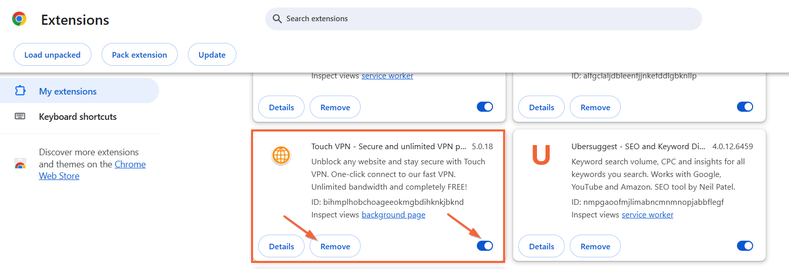 disable browser extensions VPN