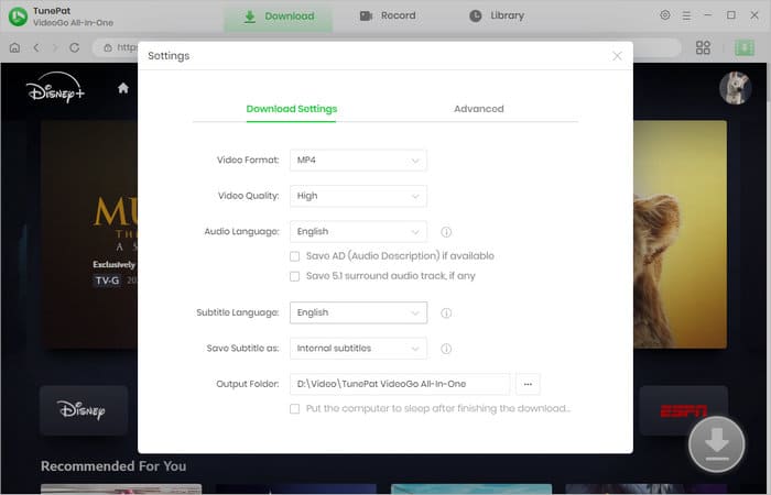 TunePat VideoGo settings