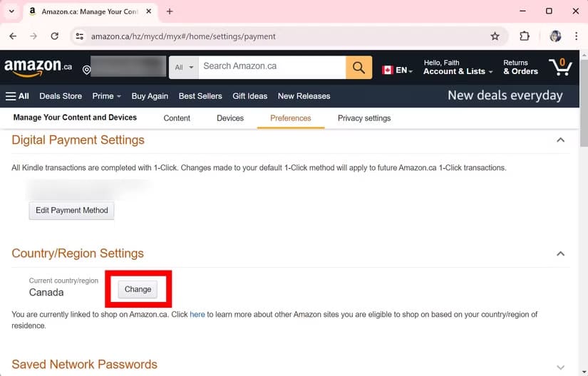 change country region settings in Amazon